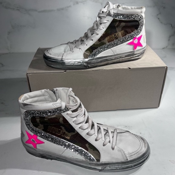  Slide White Green Camouflage Silver Pink Athletic High Top Sneakers